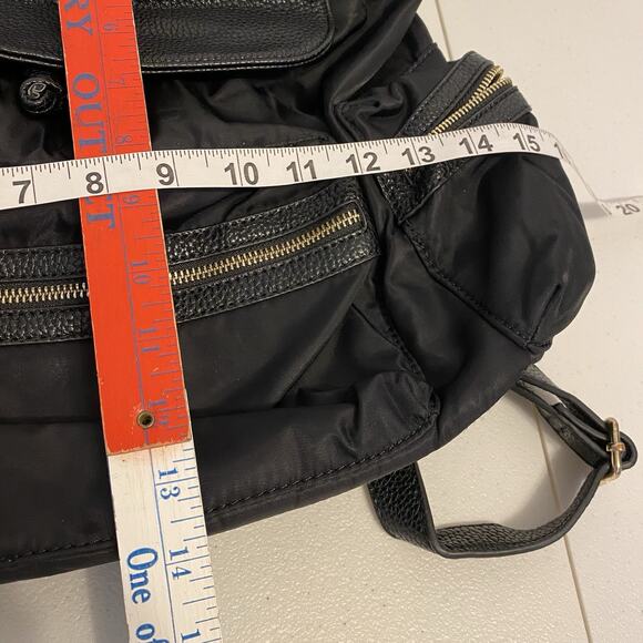 Neiman Marcus Designer Backpack Black PVC Nylon Travel Day Bag Silvertone Logo - Picture 2 of 11